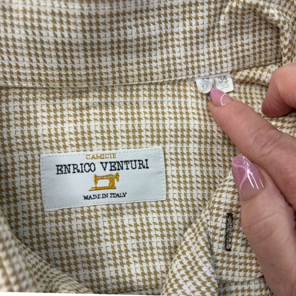 Enrico Venturi Dress Shirt 17 34/35 Tan Houndstooth Made in Italy Long Sleeve
